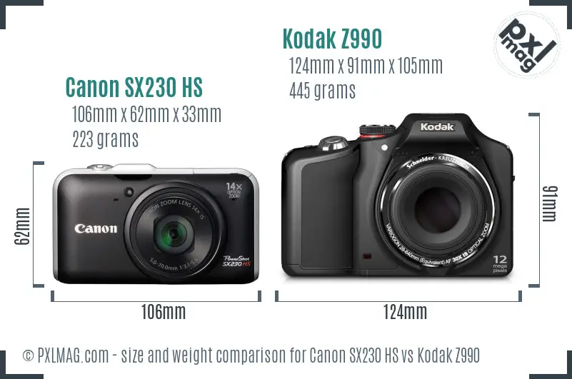 Canon SX230 HS vs Kodak Z990 size comparison
