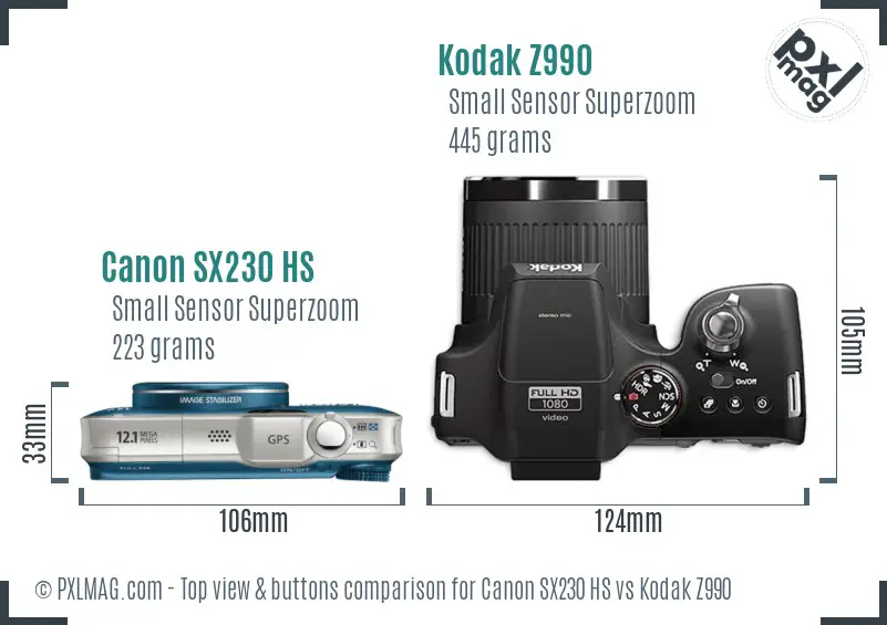Canon SX230 HS vs Kodak Z990 top view buttons comparison