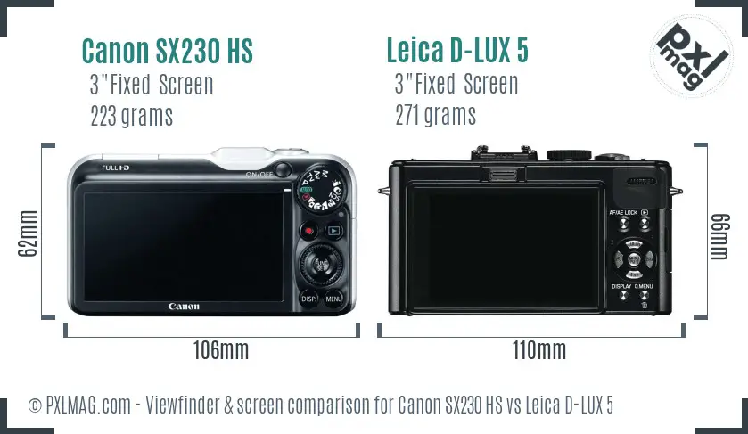 Canon SX230 HS vs Leica D-LUX 5 Screen and Viewfinder comparison