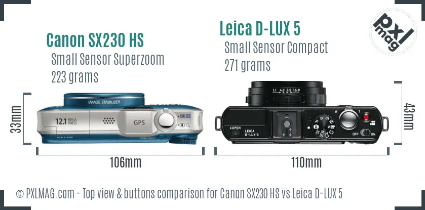 Canon SX230 HS vs Leica D-LUX 5 top view buttons comparison