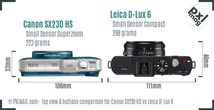 Canon SX230 HS vs Leica D-Lux 6 top view buttons comparison Canon SX230 HS vs Leica D-Lux 6 top view buttons comparison