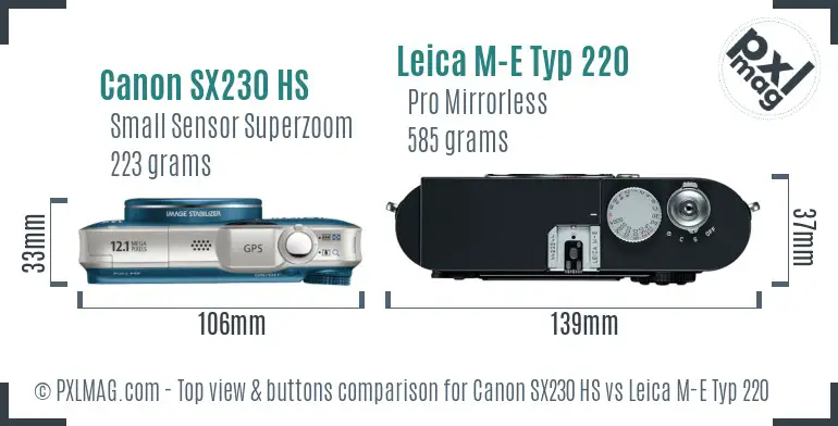 Canon SX230 HS vs Leica M-E Typ 220 top view buttons comparison