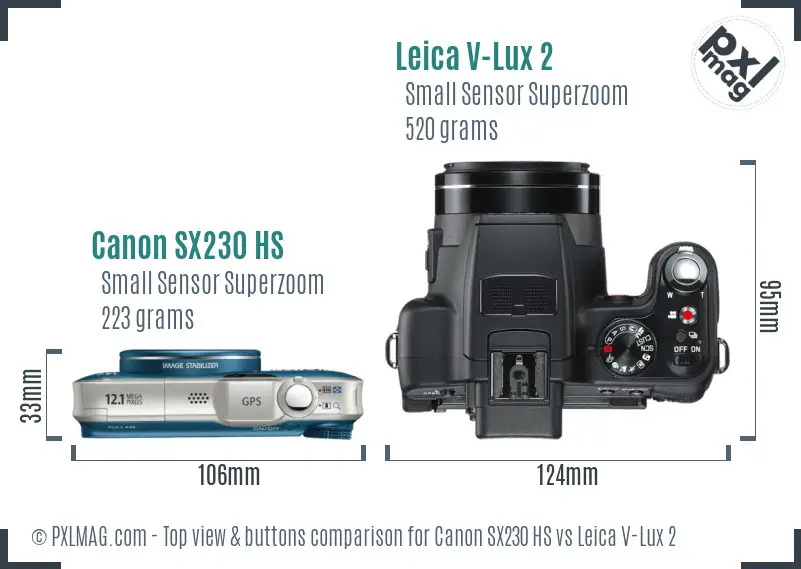 Canon SX230 HS vs Leica V-Lux 2 top view buttons comparison