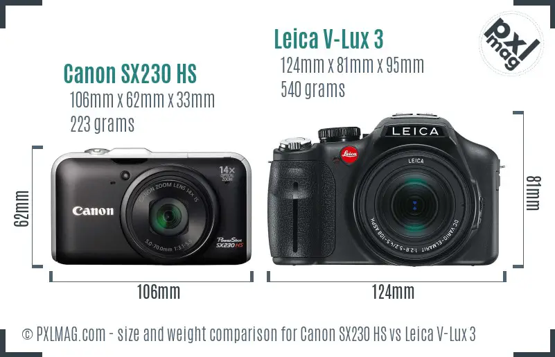 Canon SX230 HS vs Leica V-Lux 3 size comparison