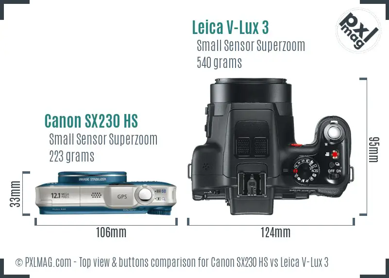 Canon SX230 HS vs Leica V-Lux 3 top view buttons comparison