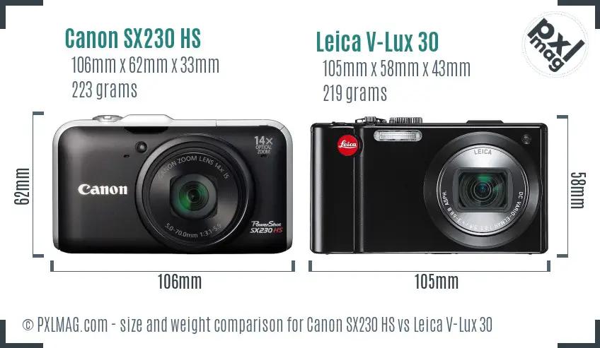 Canon SX230 HS vs Leica V-Lux 30 size comparison Canon SX230 HS vs Leica V-Lux 30 size comparison