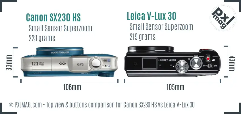 Canon SX230 HS vs Leica V-Lux 30 top view buttons comparison Canon SX230 HS vs Leica V-Lux 30 top view buttons comparison