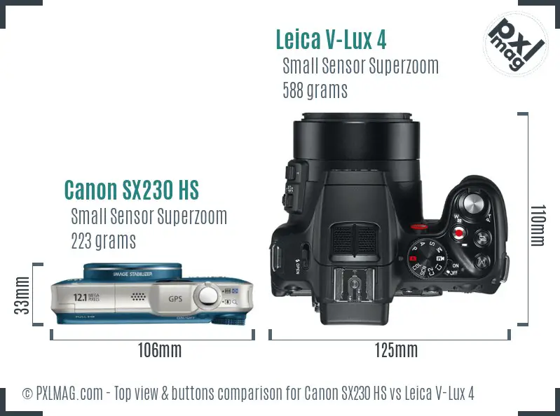 Canon SX230 HS vs Leica V-Lux 4 top view buttons comparison