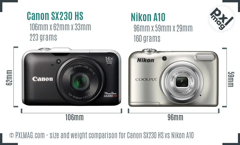 Canon SX230 HS vs Nikon A10 size comparison