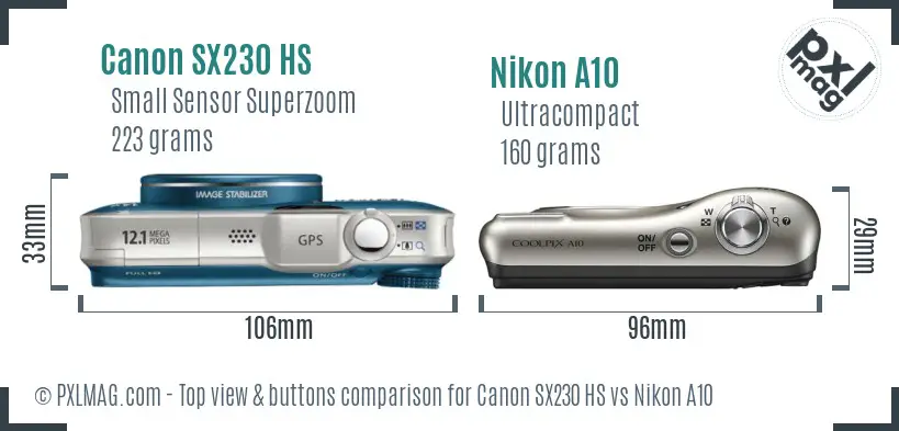 Canon SX230 HS vs Nikon A10 top view buttons comparison