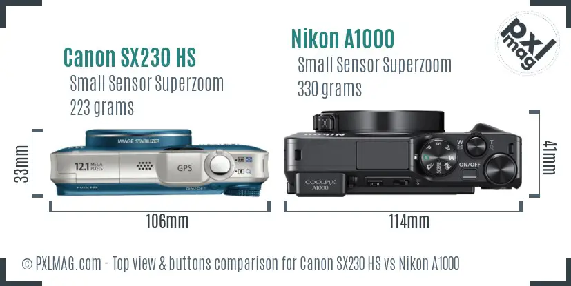 Canon SX230 HS vs Nikon A1000 top view buttons comparison