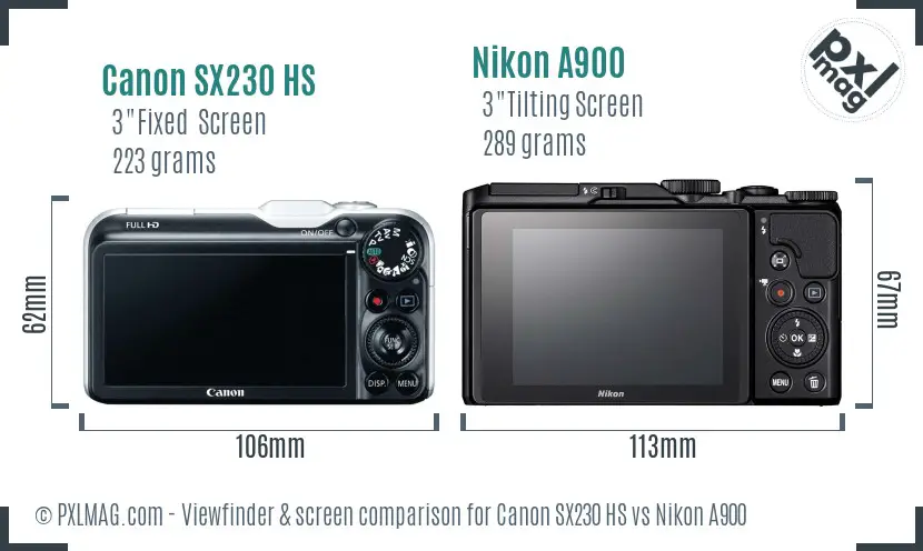 Canon SX230 HS vs Nikon A900 Screen and Viewfinder comparison