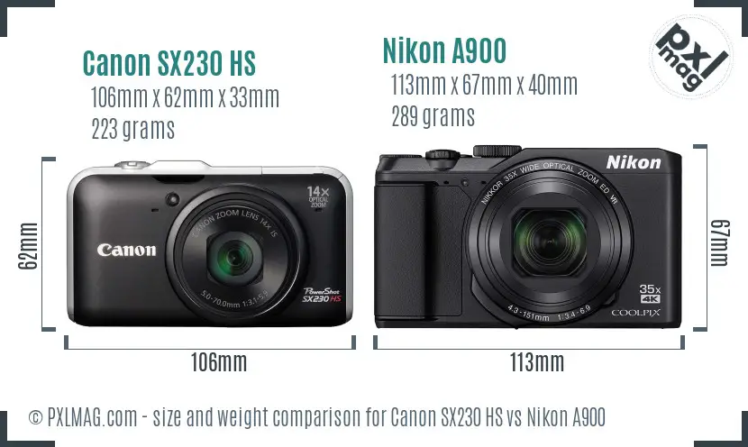 Canon SX230 HS vs Nikon A900 size comparison