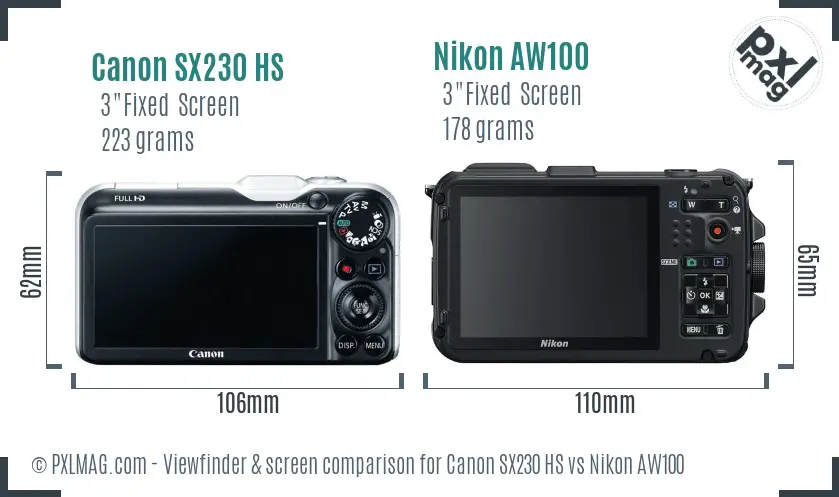 Canon SX230 HS vs Nikon AW100 Screen and Viewfinder comparison