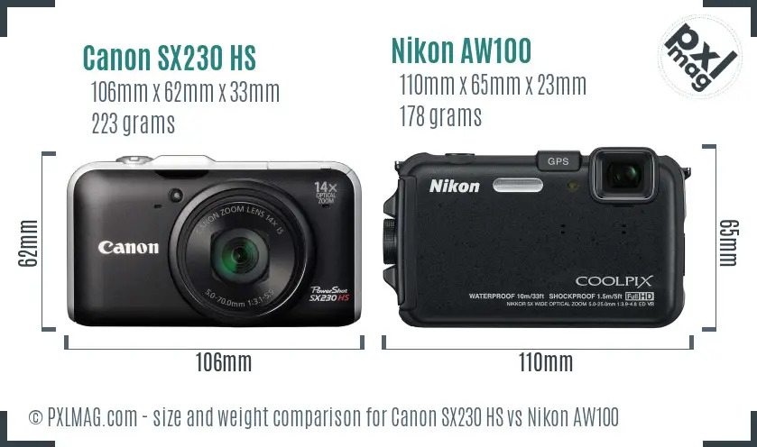 Canon SX230 HS vs Nikon AW100 size comparison