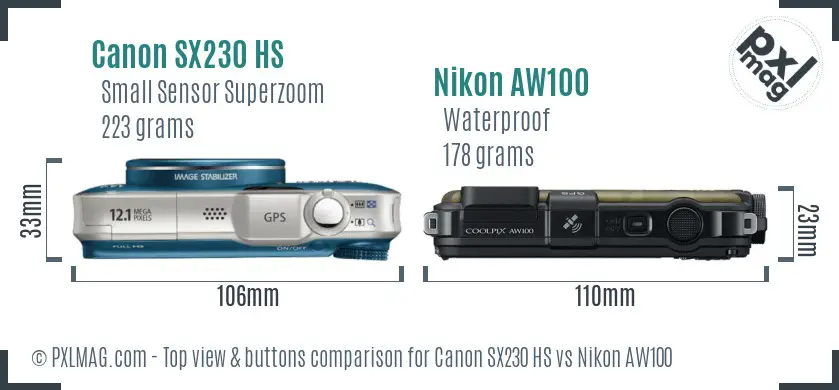 Canon SX230 HS vs Nikon AW100 top view buttons comparison