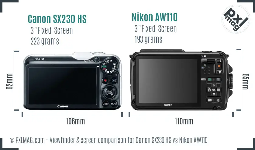 Canon SX230 HS vs Nikon AW110 Screen and Viewfinder comparison