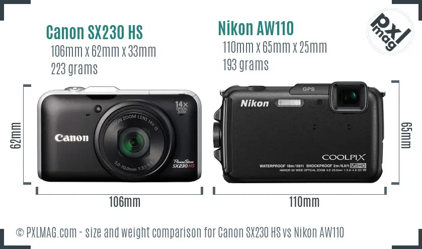 Canon SX230 HS vs Nikon AW110 size comparison