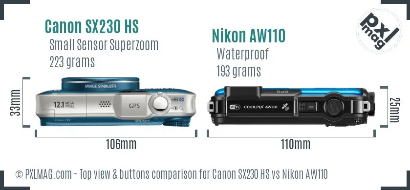 Canon SX230 HS vs Nikon AW110 top view buttons comparison