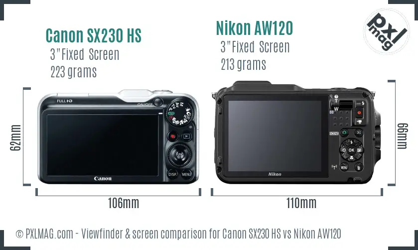 Canon SX230 HS vs Nikon AW120 Screen and Viewfinder comparison