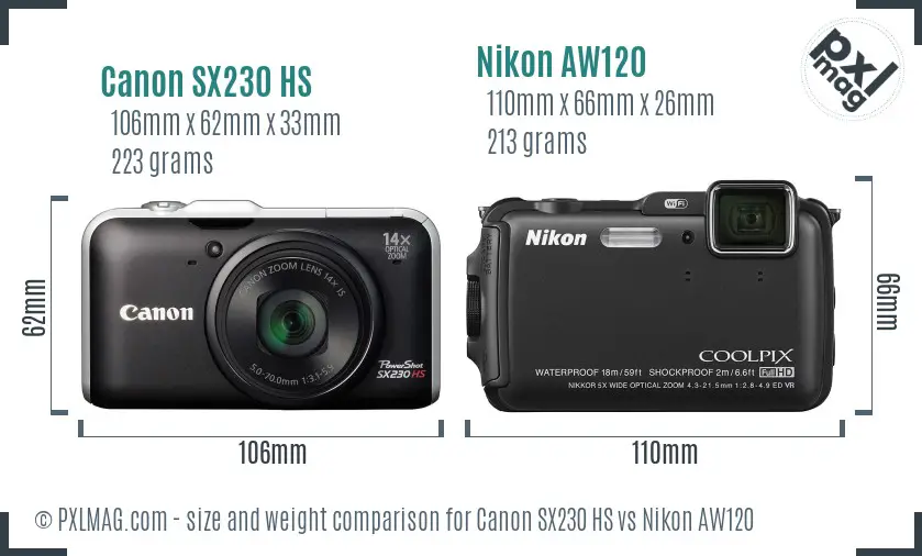 Canon SX230 HS vs Nikon AW120 size comparison