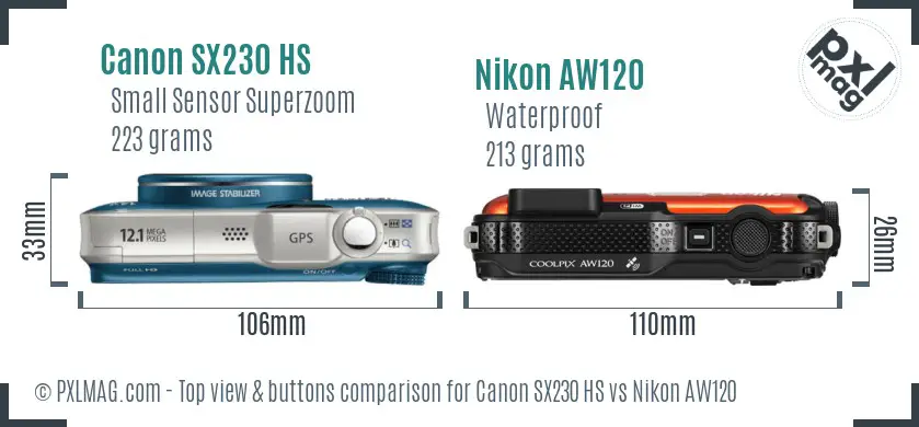 Canon SX230 HS vs Nikon AW120 top view buttons comparison