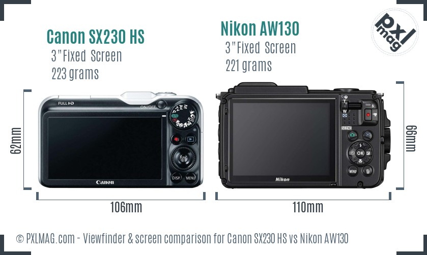 Canon SX230 HS vs Nikon AW130 Screen and Viewfinder comparison