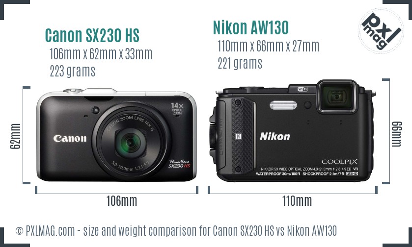 Canon SX230 HS vs Nikon AW130 size comparison