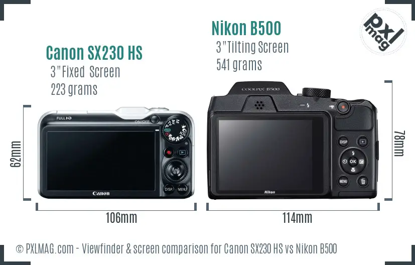 Canon SX230 HS vs Nikon B500 Screen and Viewfinder comparison