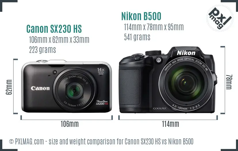 Canon SX230 HS vs Nikon B500 size comparison