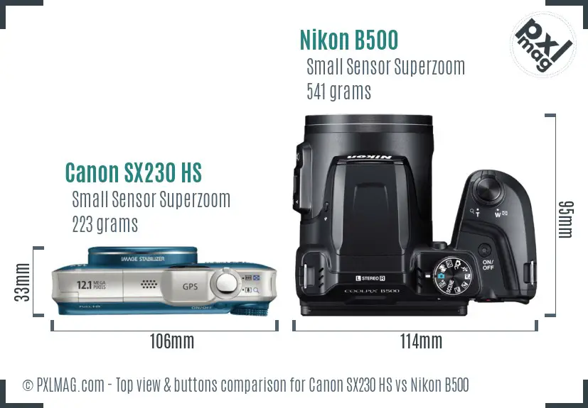 Canon SX230 HS vs Nikon B500 top view buttons comparison