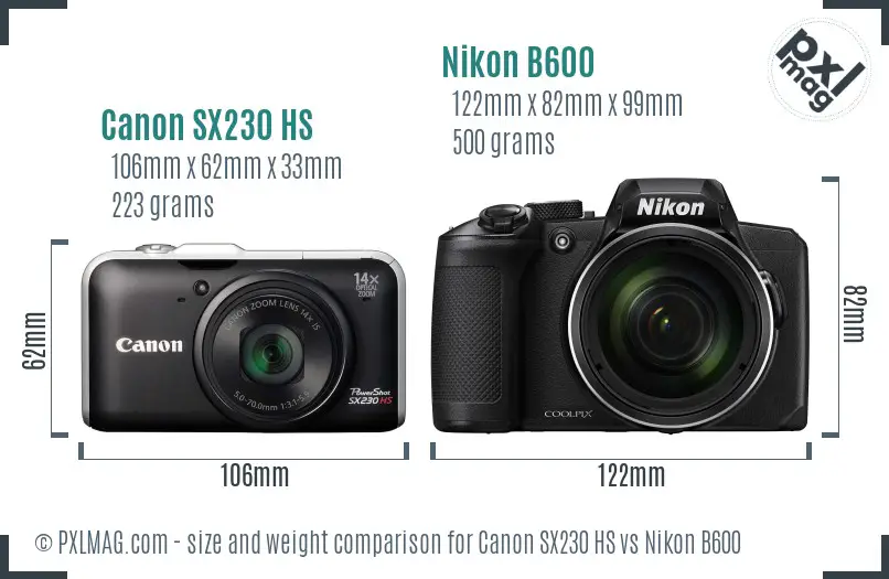 Canon SX230 HS vs Nikon B600 size comparison