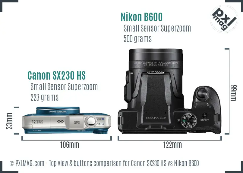 Canon SX230 HS vs Nikon B600 top view buttons comparison