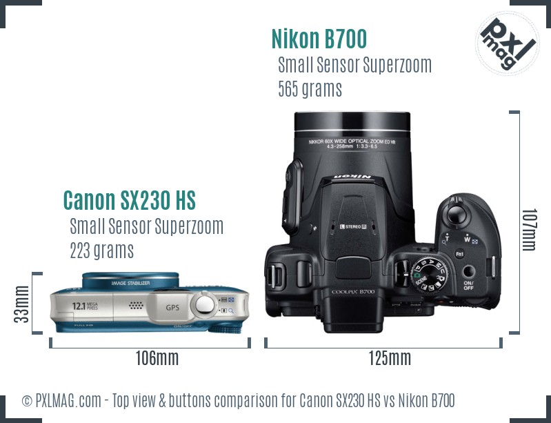 Canon SX230 HS vs Nikon B700 top view buttons comparison