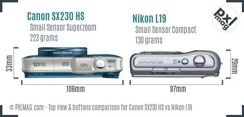 Canon SX230 HS vs Nikon L19 top view buttons comparison Canon SX230 HS vs Nikon L19 top view buttons comparison