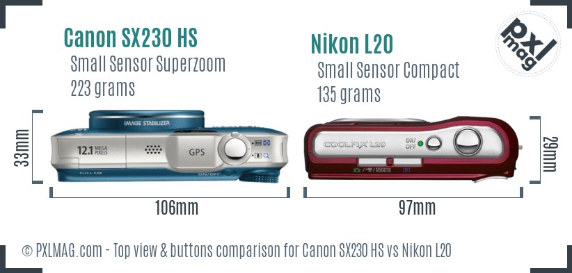 Canon SX230 HS vs Nikon L20 top view buttons comparison