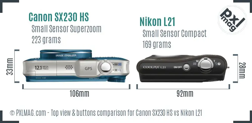 Canon SX230 HS vs Nikon L21 top view buttons comparison