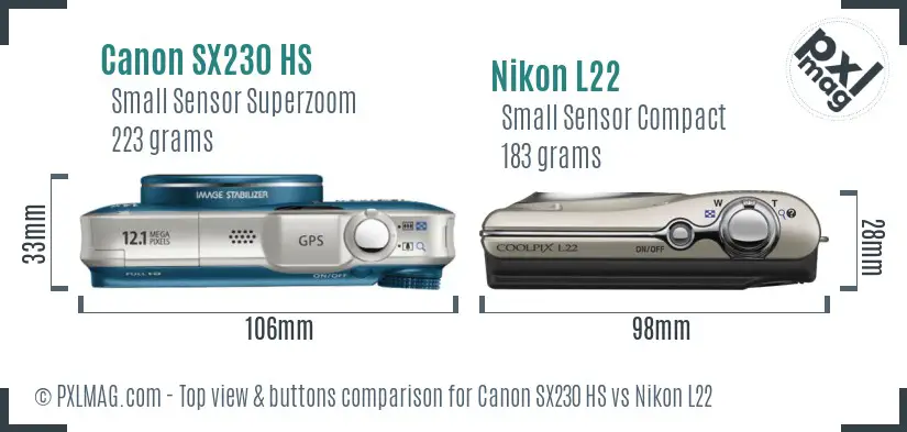 Canon SX230 HS vs Nikon L22 top view buttons comparison