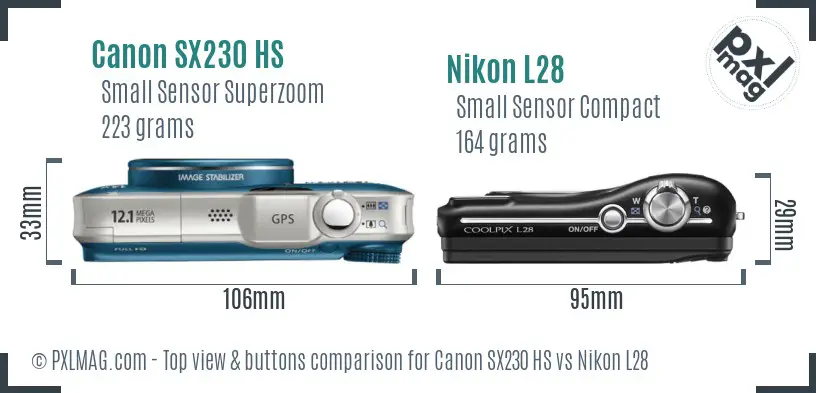 Canon SX230 HS vs Nikon L28 top view buttons comparison Canon SX230 HS vs Nikon L28 top view buttons comparison