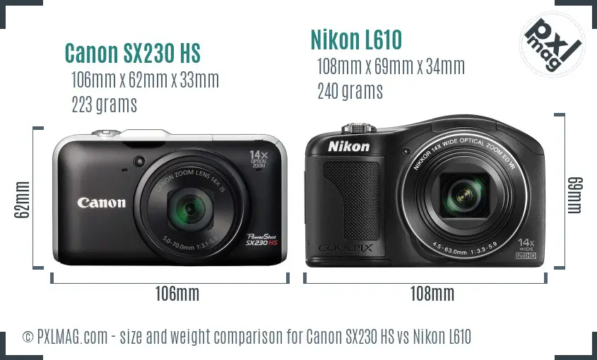 Canon SX230 HS vs Nikon L610 size comparison