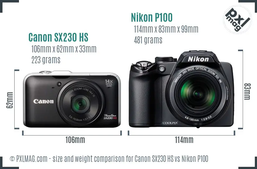 Canon SX230 HS vs Nikon P100 size comparison Canon SX230 HS vs Nikon P100 size comparison