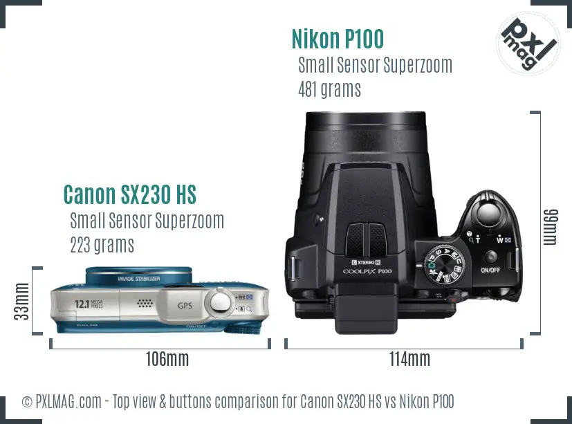 Canon SX230 HS vs Nikon P100 top view buttons comparison Canon SX230 HS vs Nikon P100 top view buttons comparison