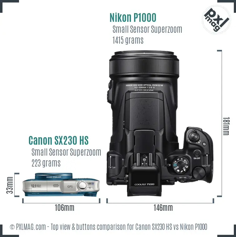Canon SX230 HS vs Nikon P1000 top view buttons comparison