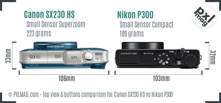 Canon SX230 HS vs Nikon P300 top view buttons comparison