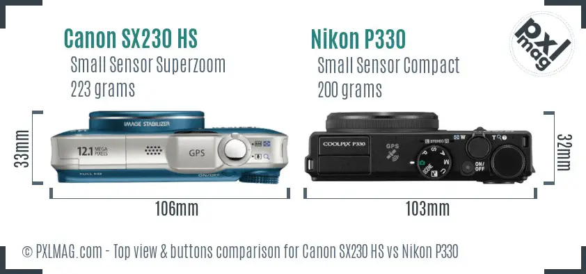 Canon SX230 HS vs Nikon P330 top view buttons comparison