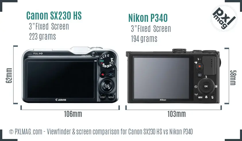 Canon SX230 HS vs Nikon P340 Screen and Viewfinder comparison