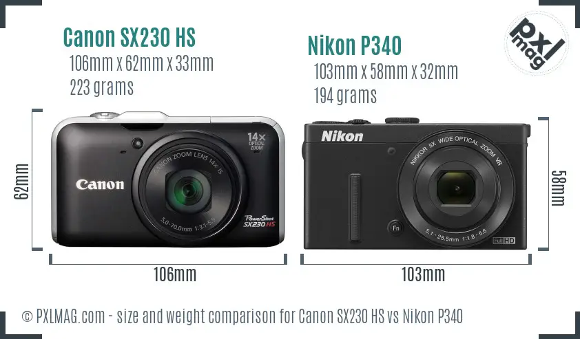 Canon SX230 HS vs Nikon P340 size comparison