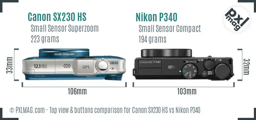 Canon SX230 HS vs Nikon P340 top view buttons comparison