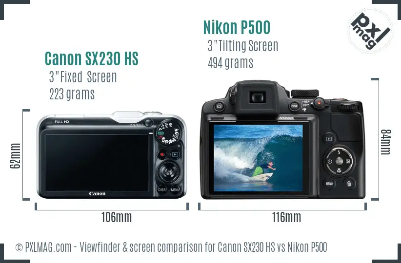 Canon SX230 HS vs Nikon P500 Screen and Viewfinder comparison