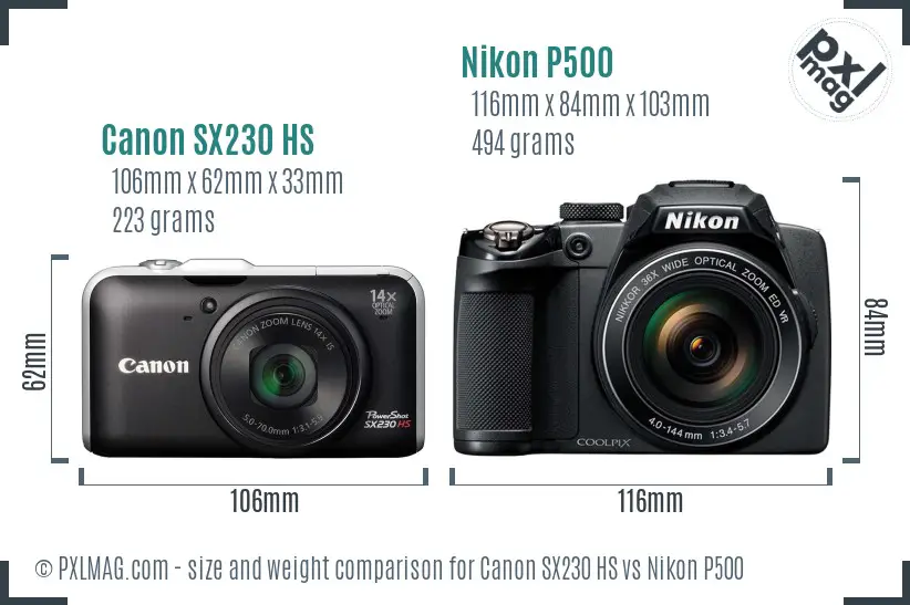 Canon SX230 HS vs Nikon P500 size comparison